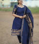 Blue jacquard weaving kanchi cotton straight kurta dupatta set