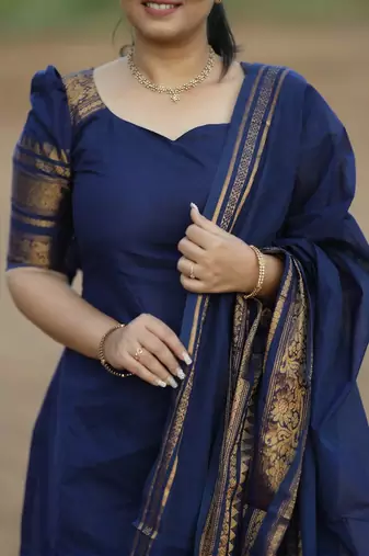 Blue jacquard weaving kanchi cotton straight kurta dupatta set