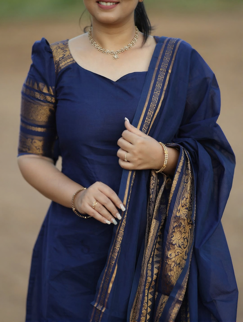 Blue jacquard weaving kanchi cotton straight kurta dupatta set