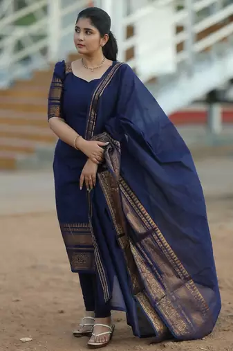 Blue jacquard weaving kanchi cotton straight kurta dupatta set