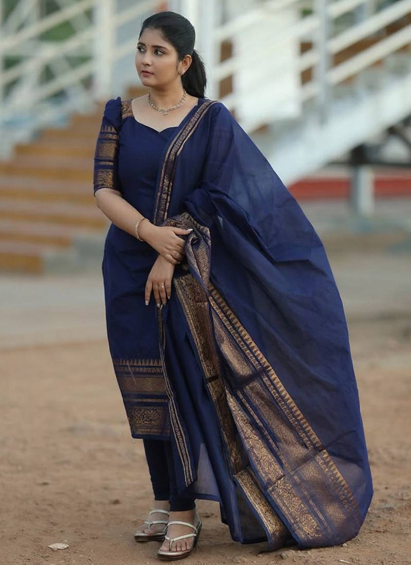 Blue jacquard weaving kanchi cotton straight kurta dupatta set
