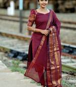 Maroon jacquard weaving kanchi cotton straight kurta dupatta set