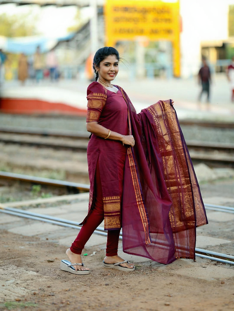 Maroon jacquard weaving kanchi cotton straight kurta dupatta set
