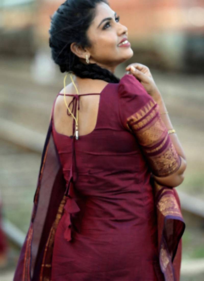 Maroon jacquard weaving kanchi cotton straight kurta dupatta set