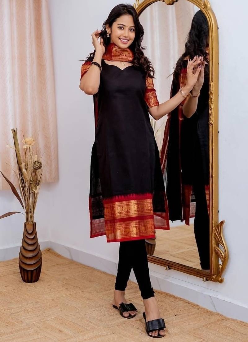 Black jacquard weaving kanchi cotton straight kurta dupatta set