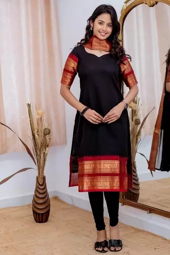 Black jacquard weaving kanchi cotton straight kurta dupatta set
