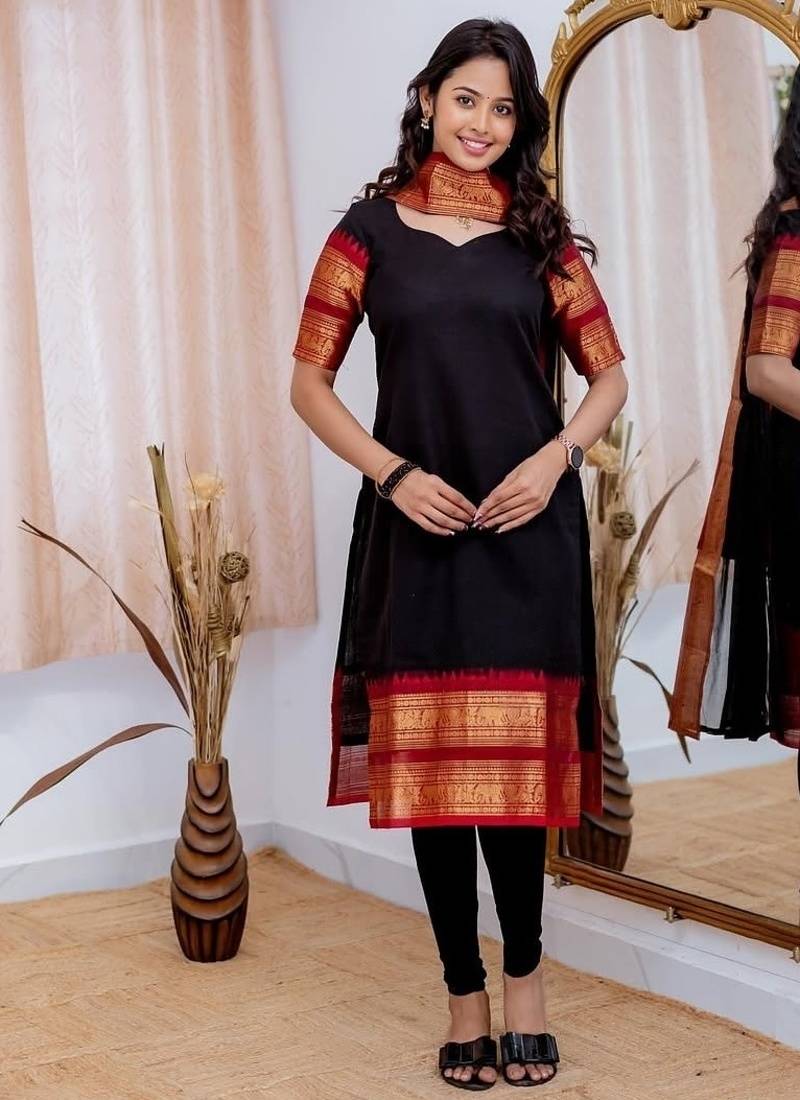 Black jacquard weaving kanchi cotton straight kurta dupatta set