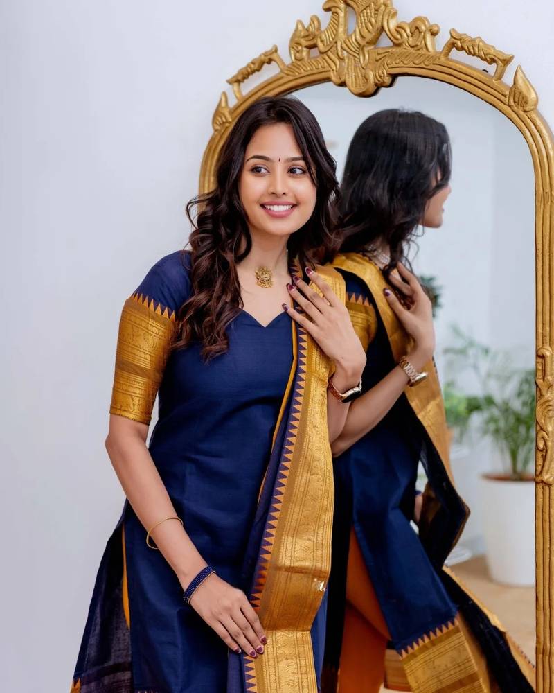 Blue jacquard weaving kanchi cotton straight kurta dupatta set