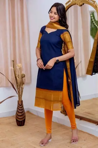 Blue jacquard weaving kanchi cotton straight kurta dupatta set