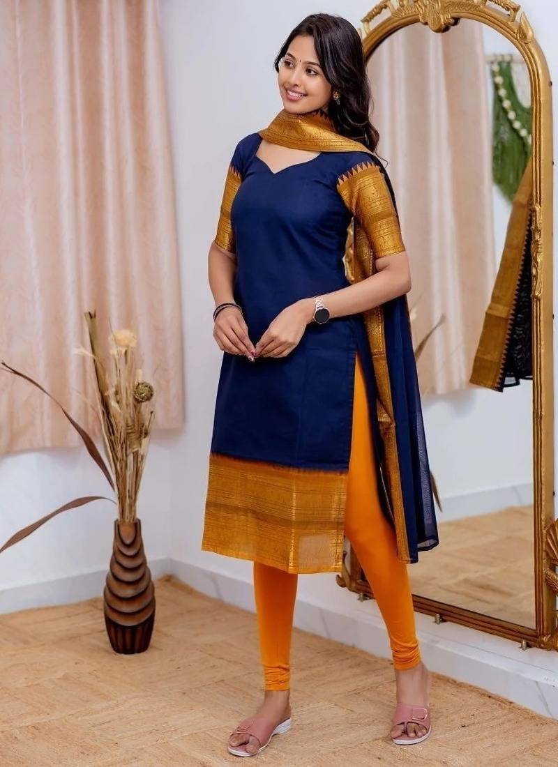 Blue jacquard weaving kanchi cotton straight kurta dupatta set