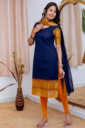 Blue jacquard weaving kanchi cotton straight kurta dupatta set