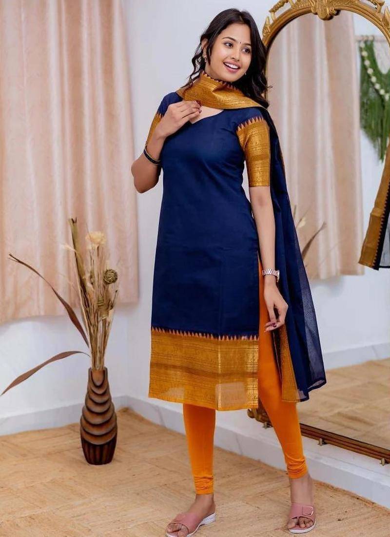 Blue jacquard weaving kanchi cotton straight kurta dupatta set