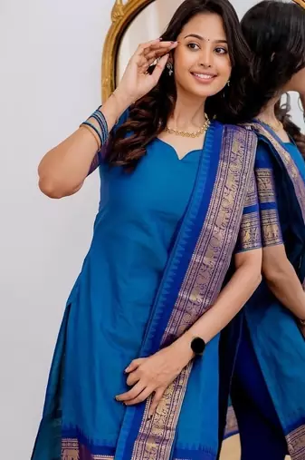 Teal-blue jacquard weaving kanchi cotton straight kurta dupatta set