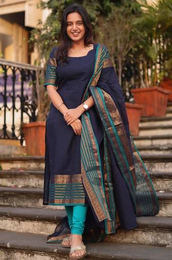 Blue jacquard weaving kanchi cotton straight kurta dupatta set