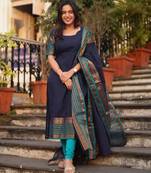Blue jacquard weaving kanchi cotton straight kurta dupatta set