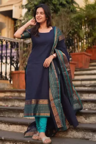 Blue jacquard weaving kanchi cotton straight kurta dupatta set