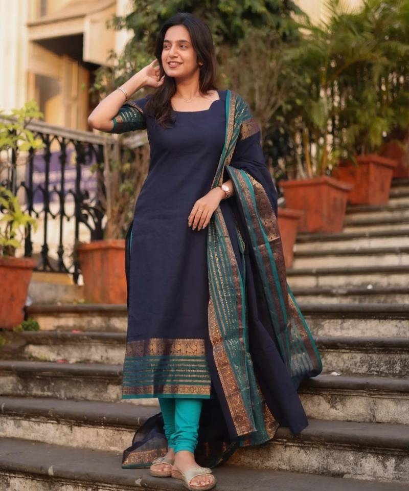 Blue jacquard weaving kanchi cotton straight kurta dupatta set