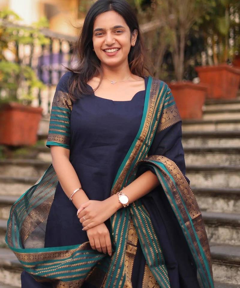 Blue jacquard weaving kanchi cotton straight kurta dupatta set