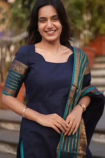 Blue jacquard weaving kanchi cotton straight kurta dupatta set
