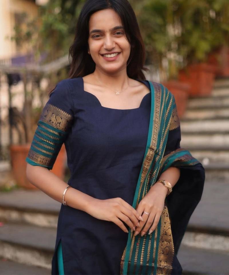 Blue jacquard weaving kanchi cotton straight kurta dupatta set