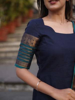 Blue jacquard weaving kanchi cotton straight kurta dupatta set 5