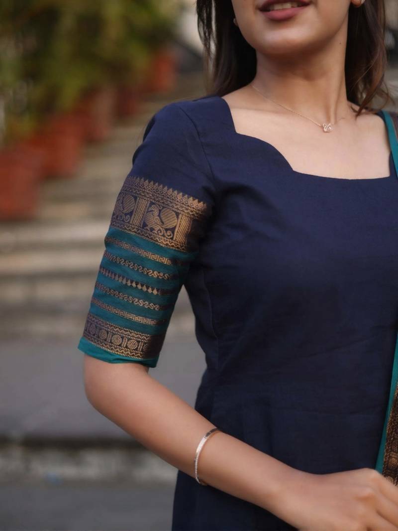 Blue jacquard weaving kanchi cotton straight kurta dupatta set