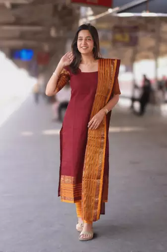 Maroon jacquard weaving kanchi cotton straight kurta dupatta set