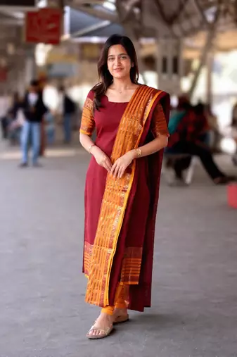 Maroon jacquard weaving kanchi cotton straight kurta dupatta set