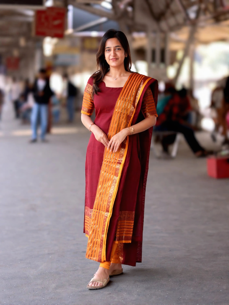 Maroon jacquard weaving kanchi cotton straight kurta dupatta set