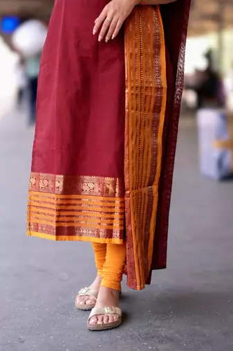 Maroon jacquard weaving kanchi cotton straight kurta dupatta set