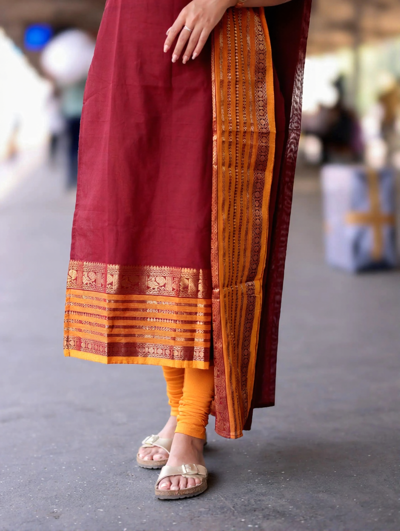 Maroon jacquard weaving kanchi cotton straight kurta dupatta set
