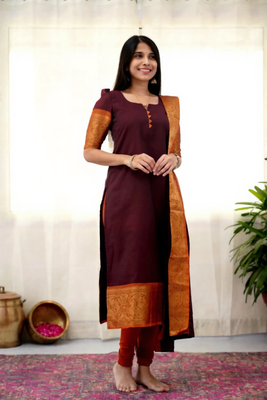 Brown jacquard weaving kanchi cotton straight kurta dupatta set 1