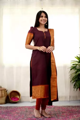Brown jacquard weaving kanchi cotton straight kurta dupatta set