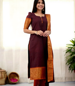 Brown jacquard weaving kanchi cotton straight kurta dupatta set