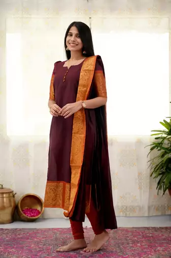 Brown jacquard weaving kanchi cotton straight kurta dupatta set