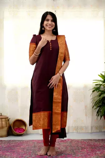 Brown jacquard weaving kanchi cotton straight kurta dupatta set