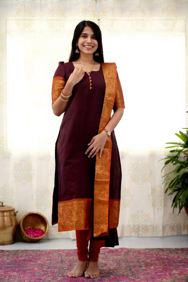 Brown jacquard weaving kanchi cotton straight kurta dupatta set