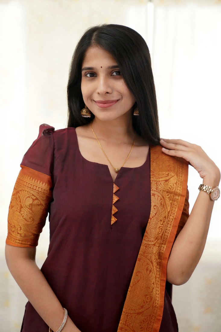 Brown jacquard weaving kanchi cotton straight kurta dupatta set