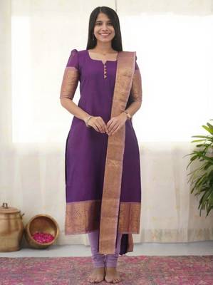 Purple jacquard weaving kanchi cotton straight kurta dupatta set 1