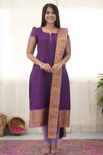 Purple jacquard weaving kanchi cotton straight kurta dupatta set
