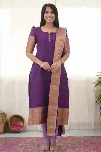 Purple jacquard weaving kanchi cotton straight kurta dupatta set