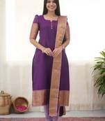 Purple jacquard weaving kanchi cotton straight kurta dupatta set