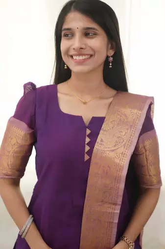 Purple jacquard weaving kanchi cotton straight kurta dupatta set