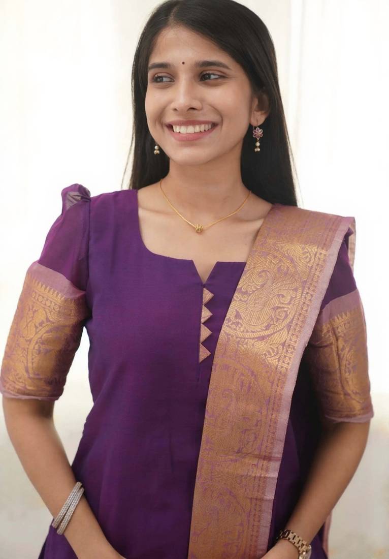 Purple jacquard weaving kanchi cotton straight kurta dupatta set
