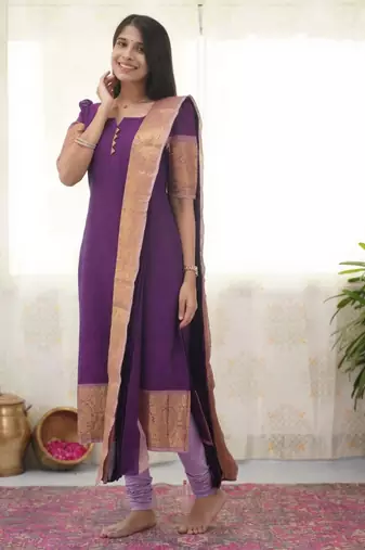 Purple jacquard weaving kanchi cotton straight kurta dupatta set