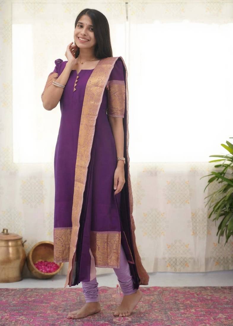 Purple jacquard weaving kanchi cotton straight kurta dupatta set