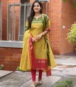 Yellow jacquard weaving kanchi cotton straight kurta dupatta set