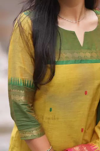 Yellow jacquard weaving kanchi cotton straight kurta dupatta set