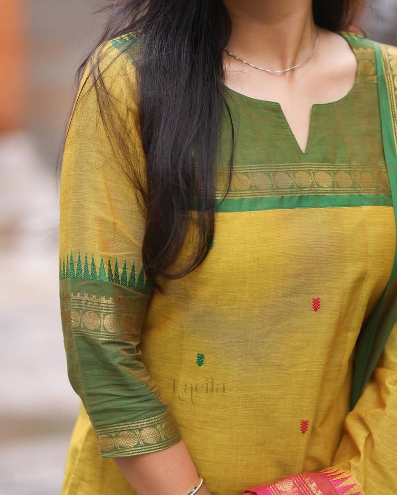 Yellow jacquard weaving kanchi cotton straight kurta dupatta set