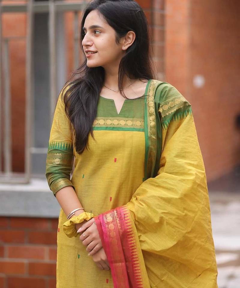 Yellow jacquard weaving kanchi cotton straight kurta dupatta set